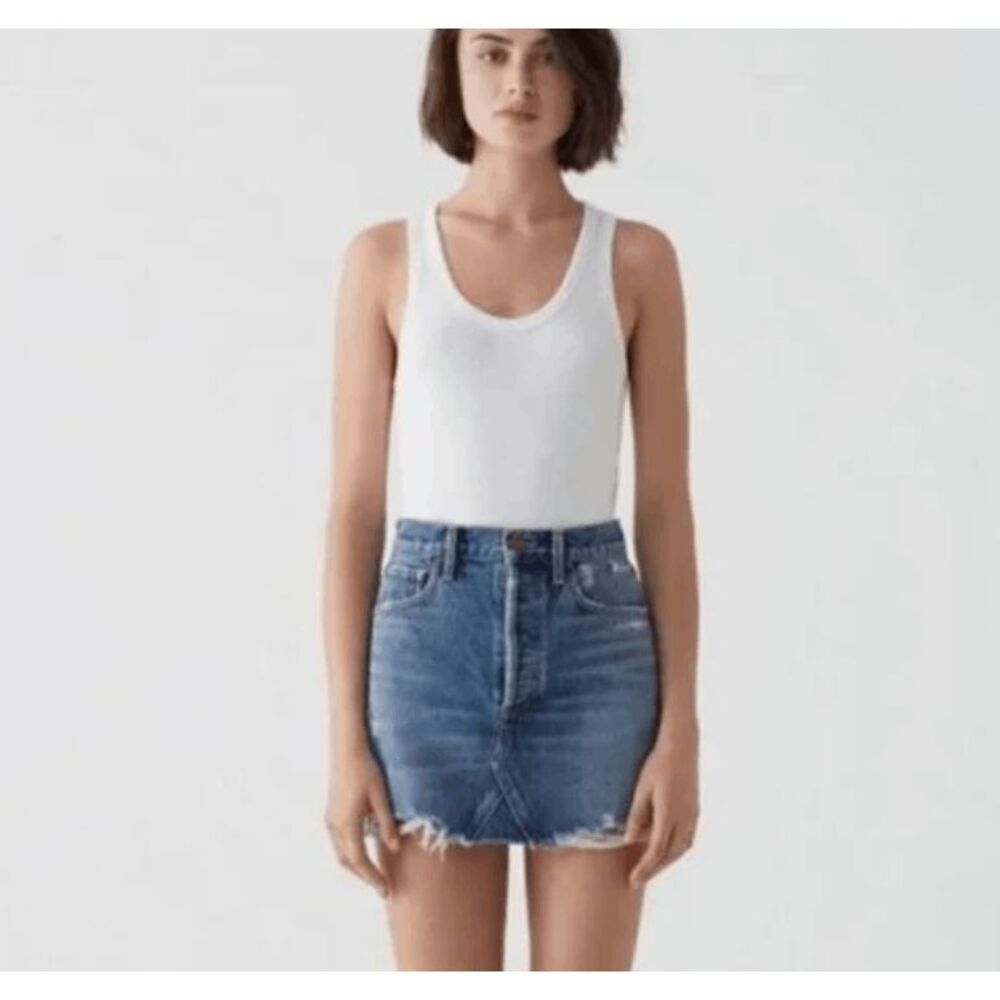 AGOLDE Quinn High Rise Denim Mini Skirt Button Fly Distressed Hem Size 29‎